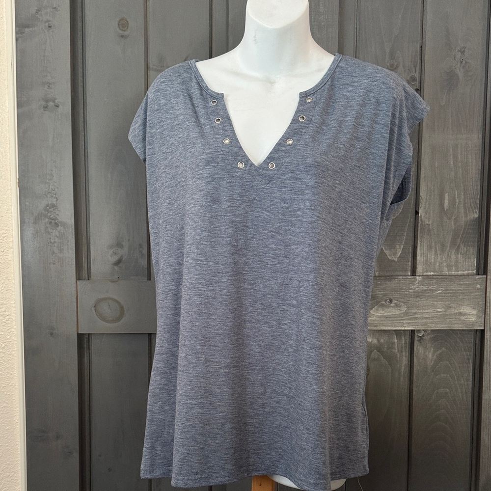 Women's Blue Top with Studded V-Neck